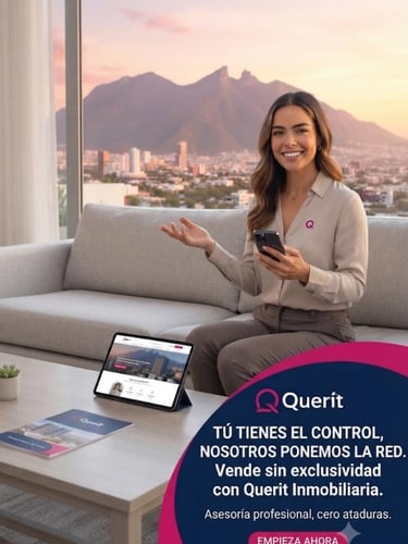 Un agente inmobiliario profesional de Querit Inmobiliaria mostrando un anuncio de propiedad digital 