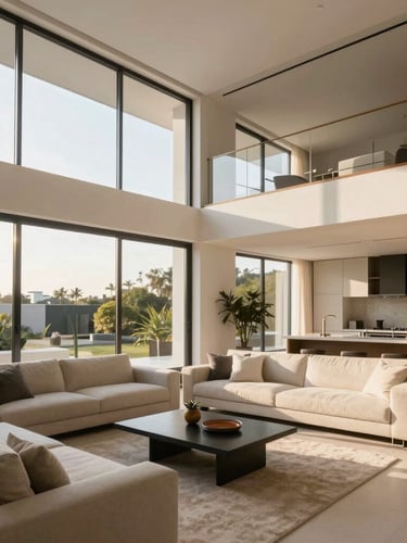 Bright modern residential apartment interior in San Pedro Garza Garcia, natural sunlight pouring through large windows, high-end minimalist furniture, architectural photography, 35mm lens