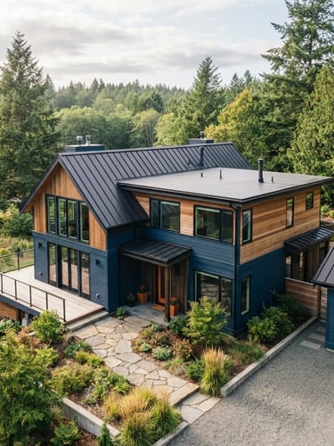 High-angle shot of a modern cottage with dark metal tile roof under soft daylight, professional construction photography, 35mm
