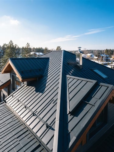 High-angle shot of a clean modern cottage roof with dark grey metal tiles under a bright Siberian morning sky, professional construction detail, high contrast, 35mm