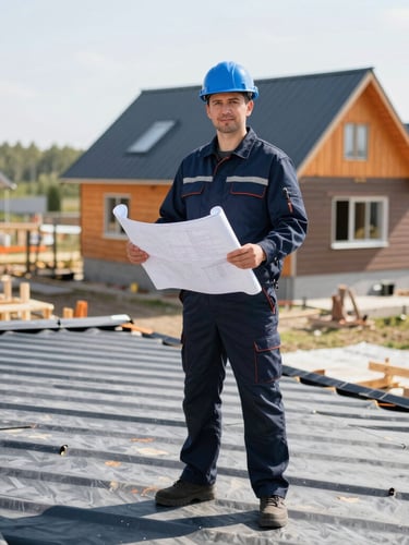 Professional roofing engineer in clean branded navy uniform holding blueprints on a modern cottage construction site in Tyumen, bright natural daylight, 35mm