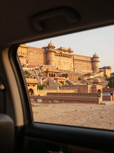 Over-the-shoulder perspective from the back seat of a luxury SUV, looking out at a towering Rajasthani fort bathed in warm golden hour haze, 35mm film.