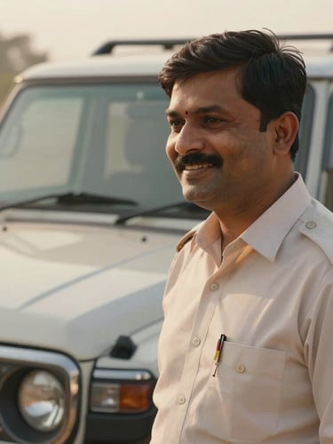 Close-up of a professional Indian chauffeur-guide in a crisp light uniform, smiling warmly next to a luxury SUV, soft morning light, shallow depth of field.