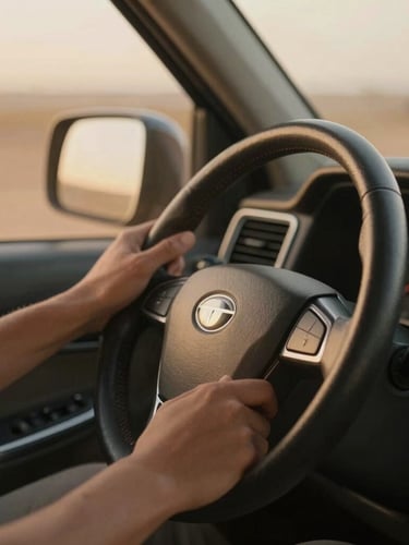 Close-up of hands on a steering wheel of a luxury vehicle, warm golden afternoon haze, cinematic depth of field