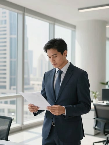A professional candidate in business-casual attire reviewing papers in a bright, modern Dubai office interior, soft window light, clean corporate tones