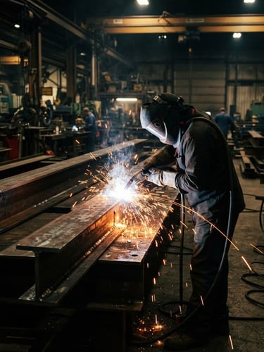 Dramatic industrial photography of heavy steel beams being welded on a fabrication floor, bright orange welding sparks flying, deep metallic tones, sharp focus, 35mm