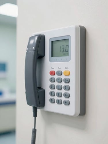 Close-up of a modern nurse call wall console mounted on a clean clinic wall, bright natural indoor lighting, high-contrast technical details, sharp focus, realistic colors, 35mm