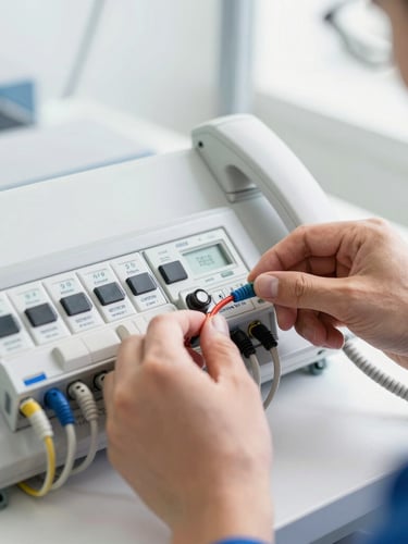 Close-up of a certified technician's hands carefully wiring a modern nurse call master console, clean organized cabling, bright natural indoor lighting, 35mm