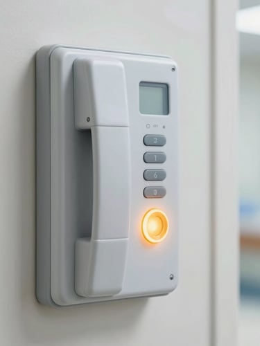 Close-up of a clean, modern nurse call wall console with glowing amber call button, mounted on a clinical corridor wall, sharp focus, technical detail.