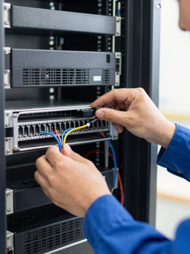 Close-up of a professional technician in a blue uniform wiring a clean commercial data rack, bright natural indoor lighting, sharp focus on technical details, 35mm