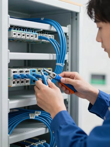 A professional local technician in a clean uniform carefully organizing blue Cat6 cables in a bright, tidy wiring closet, bright natural daylight, sharp focus on the hands and precision tools, realistic colors, 35mm