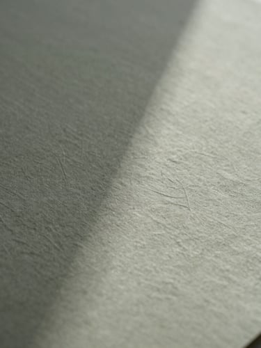 Tactile macro shot of hand-pressed heavy cotton paper with blind debossing, soft side daylight casting long delicate shadows, muted olive and ash gray tones, minimalist editorial photography, 35mm.