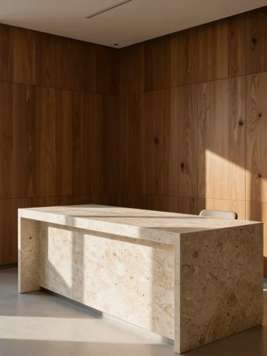 Wide-angle architectural view of a minimalist modern clinical consultation room, warm side-lighting casting long shadows, travertine stone desk, dark oak paneling.