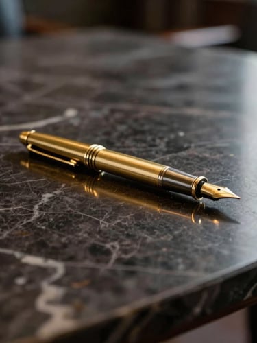 Close-up architectural detail of a dark marble boardroom table, soft golden side-light reflecting off a heavy brass fountain pen.
