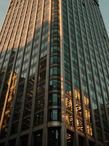Wide low-angle architectural shot of a modern Chicago high-rise facade at golden hour, deep green tinted glass reflecting warm gold light, dramatic shadows.