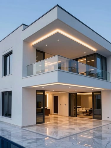 High-angle architectural photograph of a pristine, completed luxury villa interior in Dubai, featuring suspended gypsum ceilings with integrated warm lighting, clean lines, and polished flooring.
