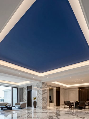 Pristine completed luxury villa interior in Dubai, showcasing flawless suspended gypsum ceiling with crisp geometric lines, warm recessed LED lighting, and polished marble flooring, bright architectural lighting, editorial 35mm