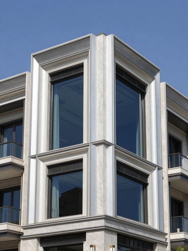 Architectural photography of a completed luxury villa facade in Dubai, crisp daylight, sharp geometric lines, metallic silver details, editorial 35mm