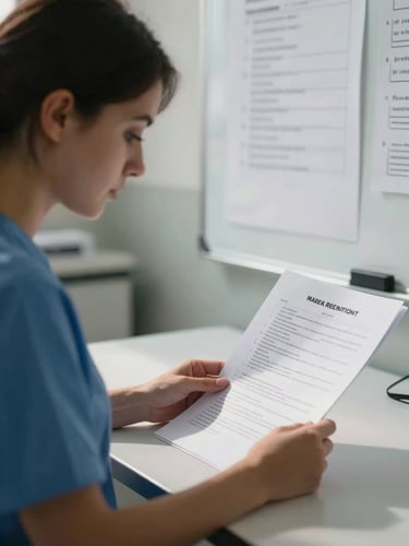Close observational frame inside a clinical training room, a carer in uniform reviewing printed documentation at a desk under diffused window light, a whiteboard with handwritten ward protocols visible in the background, hands resting on papers mid-read