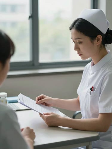 Close observational shot of a nurse at a handover desk, reviewing patient notes under diffuse hospital window light, hands on paperwork, face in quiet concentration — available light, no staging