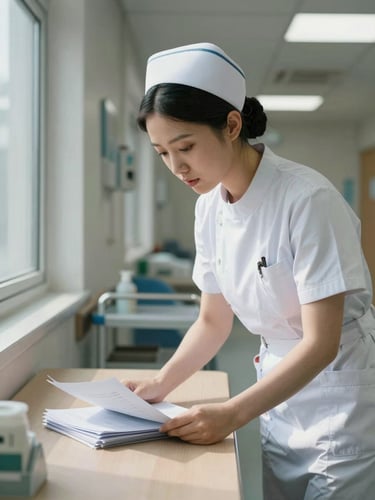 Close observational frame, nurse leaning over a desk in a hospital corridor reviewing a stack of paperwork, available window light from the left casting soft shadows, concentration visible in her expression, clinical walls and a trolley blurred in background