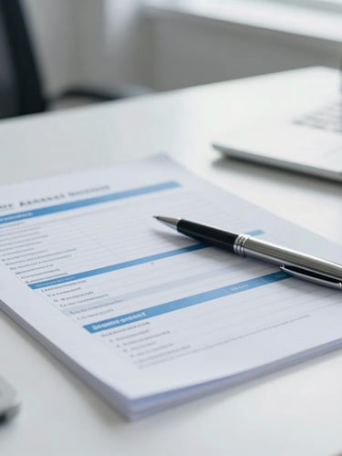 A clean, bright office desk with professional accounting documents, a pen resting on a structured assessment form, soft natural daylight, shallow depth of field, blue tones.