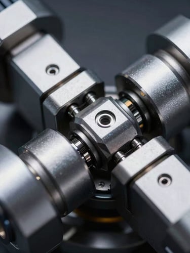 Extreme close-up of high-precision mechatronic linkage under cool clinical high-contrast studio lighting, metallic textures and micron-level tolerances visible.