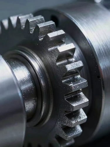 Extreme close-up macro photography of a high-precision mechanical linkage and drive gear, clinical cool lighting highlighting metallic textures and micron-level tolerances