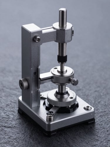 High-contrast macro studio photography of a mechanical linkage being calibrated with a digital micrometer under cool clinical lighting, slate gray background