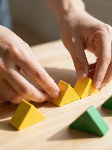 A close-up of hands arranging yellow and green triangular wooden blocks on a clean table, warm natural sunlight, shallow depth of field.