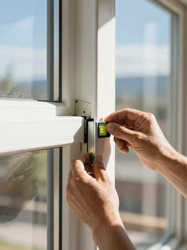 Close-up of a level being used on a newly installed window frame, showing hands of a craftsman adjusting the fit, bright Colorado sunlight