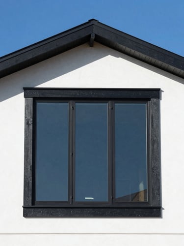 Crisp architectural photography of a modern black-trimmed window installation on a Colorado home, bright natural sunlight, clear blue sky, sharp details