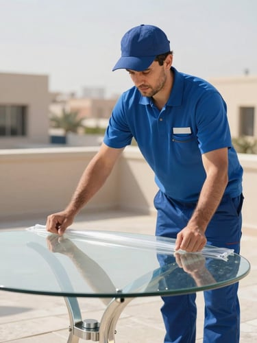 Professional mover in a clean blue uniform carefully applying protective wrap to a delicate glass tabletop under bright Abu Dhabi daylight.