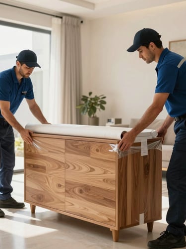 Professional movers in clean uniforms carefully double-wrapping the corners of a wooden cabinet with heavy-duty protective materials inside a bright Abu Dhabi villa.