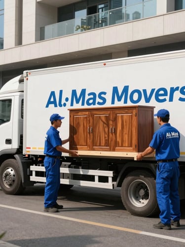 Wide panoramic shot of a clean, branded Al Mas Movers truck parked in a modern Khalifa City street, professional movers in blue uniforms double-wrapping a premium wooden cabinet, bright natural daylight.