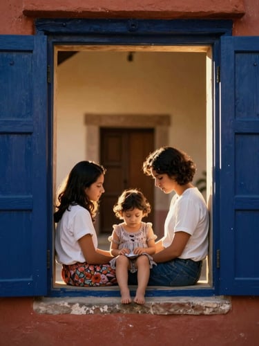 Warm editorial portrait of a serene family sharing a quiet moment in a traditional Oaxacan courtyard, soft golden-hour window light, shallow depth of field, 35mm