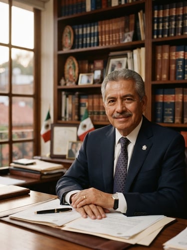 Portrait of a respected Mexican lawyer in a warm office with traditional wooden shelves, soft golden-hour window light, rich deep indigo and terracotta tones, shallow depth of field, 35mm