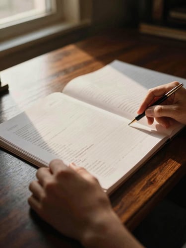 A close-up editorial shot of hands reviewing physical ledger documents on a dark oak desk, warm low-key directional light, soft golden-hour window light, shallow depth of field, 35mm film