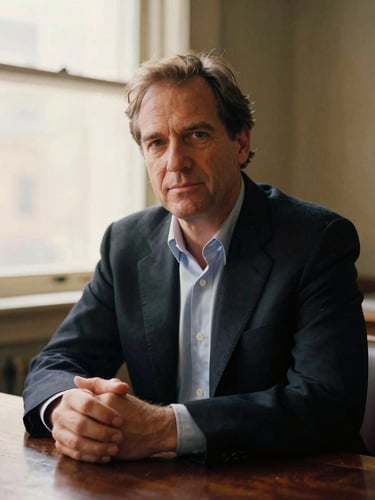 A quiet, professional portrait of Joe Goldman, an experienced business operator in his late 40s, seated at a dark oak desk, warm directional window light, shallow depth of field, 35mm film.