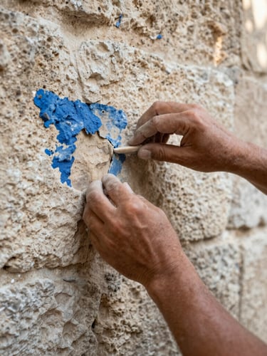 Close-up editorial photo of a local artisan's hands carefully restoring a historic stone wall, soft side lighting, dust particles in the air, authentic Gaziantep heritage, 35mm.