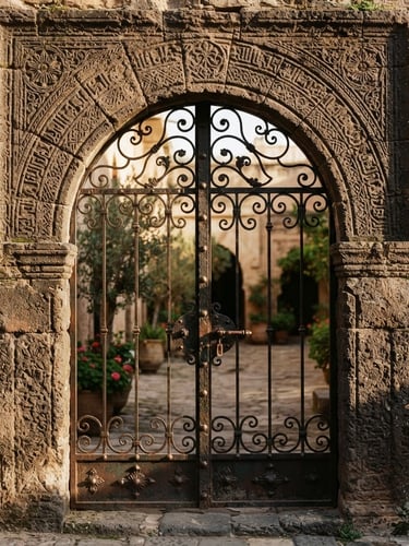 Close-up of a heavy, ancient hand-carved basalt stone archway with a traditional dark iron gate, soft morning sun casting long shadows, warm-toned stone texture, 35mm photography