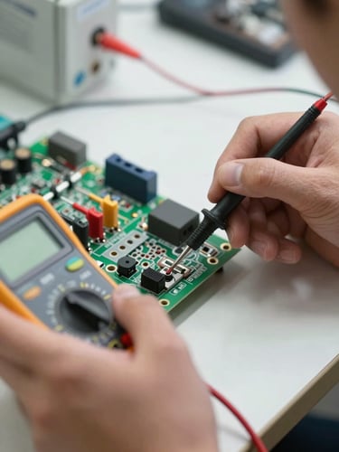Macro close-up of a technician hands using a digital multimeter to measure voltage on an appliance circuit board, bright clean workshop lighting, technical precision