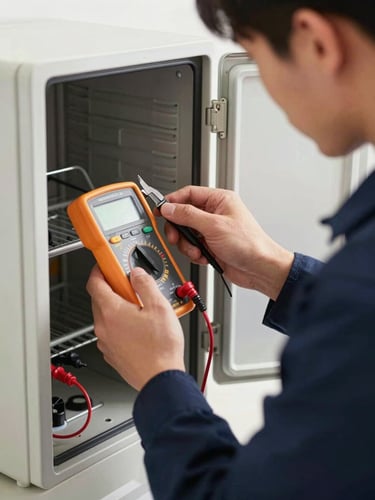 A professional technician in a clean navy uniform calibrating a digital multimeter on a residential appliance, bright daylight, close-up crop.
