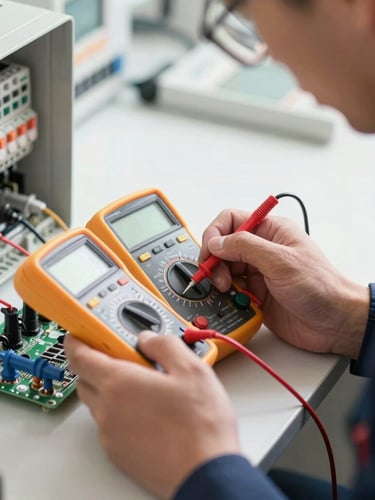 Macro close-up of a technician in a dark blue uniform using a digital multimeter to measure voltage on an appliance control board, bright clean daylight