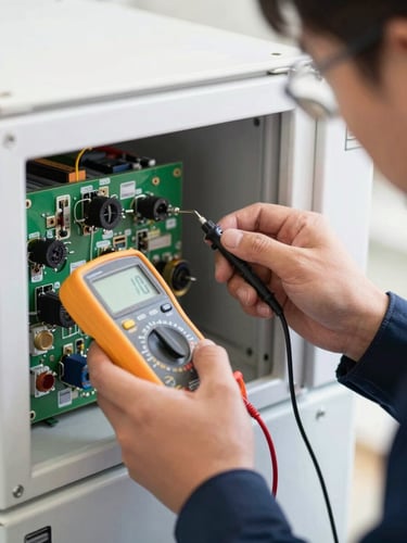 Macro close-up of a certified technician in a clean navy uniform using a digital multimeter to test voltage on a refrigerator control board, bright white workshop lighting.
