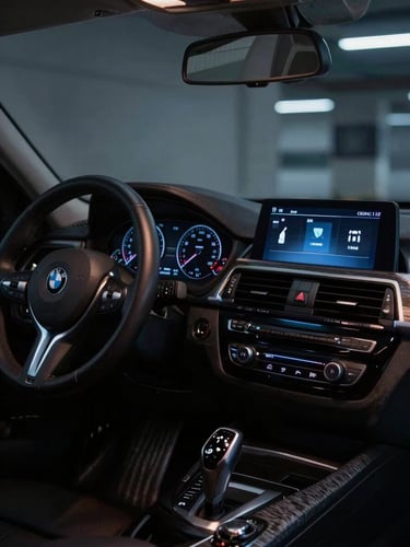 Premium automotive photography of a glowing touchscreen running wireless Apple CarPlay in a dark BMW F30 dashboard, sharp focus on the digital screen, moody cabin interior lighting, 35mm