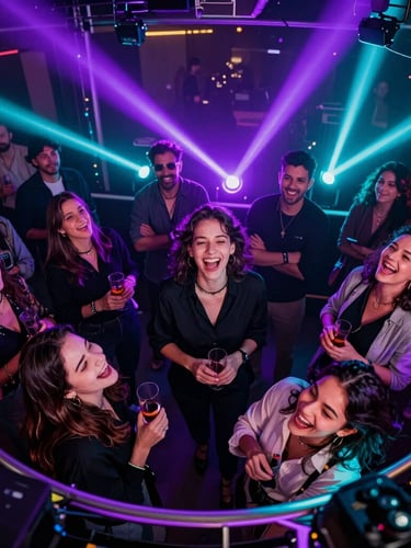 Dynamic low-angle event photography of guests laughing on an aerial 360 video platform, vibrant purple and cyan neon party lights, sharp focus, high-contrast, 35mm