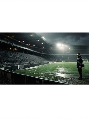 moody sports photography, dramatic stadium lighting, high-contrast desaturated tones, wide-angle lens, authentic grain, empty stadium before kickoff, rain-slicked field, distant stadium lights, panoramic 21:9 frame, off-center subject, right third.