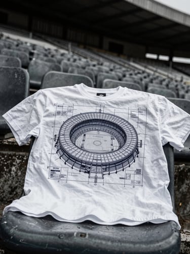 Wide-angle photograph of a t-shirt with a detailed stadium blueprint graphic, draped over a weathered stadium seat, dramatic lighting, high-contrast desaturated tones, authentic grain.