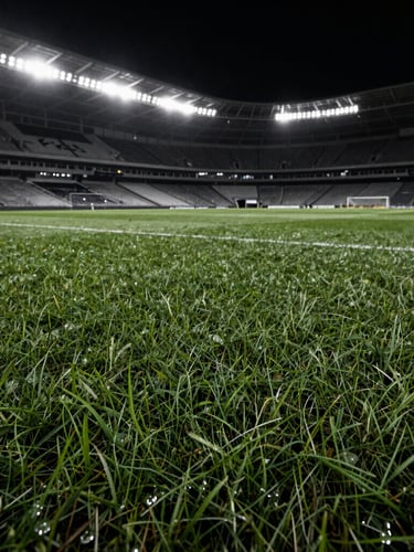 moody sports photography, dramatic stadium lighting, high-contrast desaturated tones, wide-angle lens, authentic grain, extreme macro detail of weathered turf, dew drops on grass, close-up, portrait aspect, left side of frame.